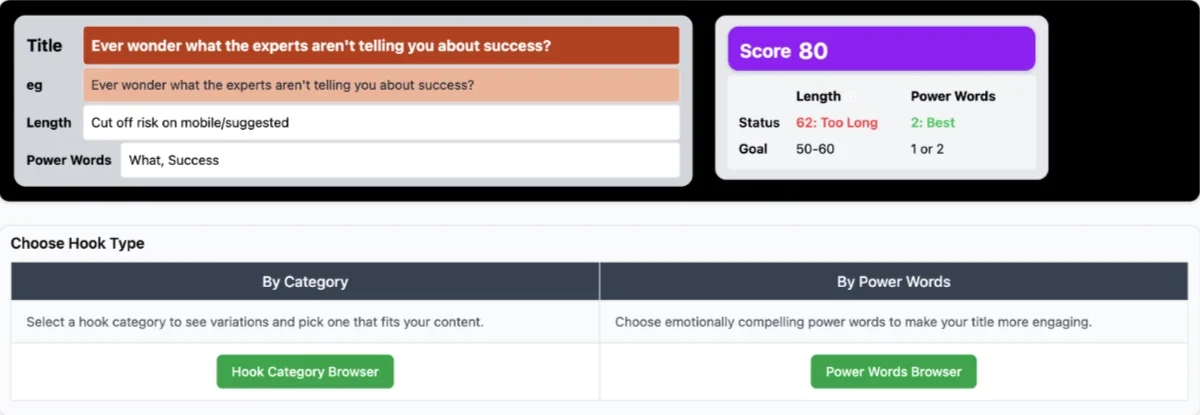 YouTube title generator with hook type and power words