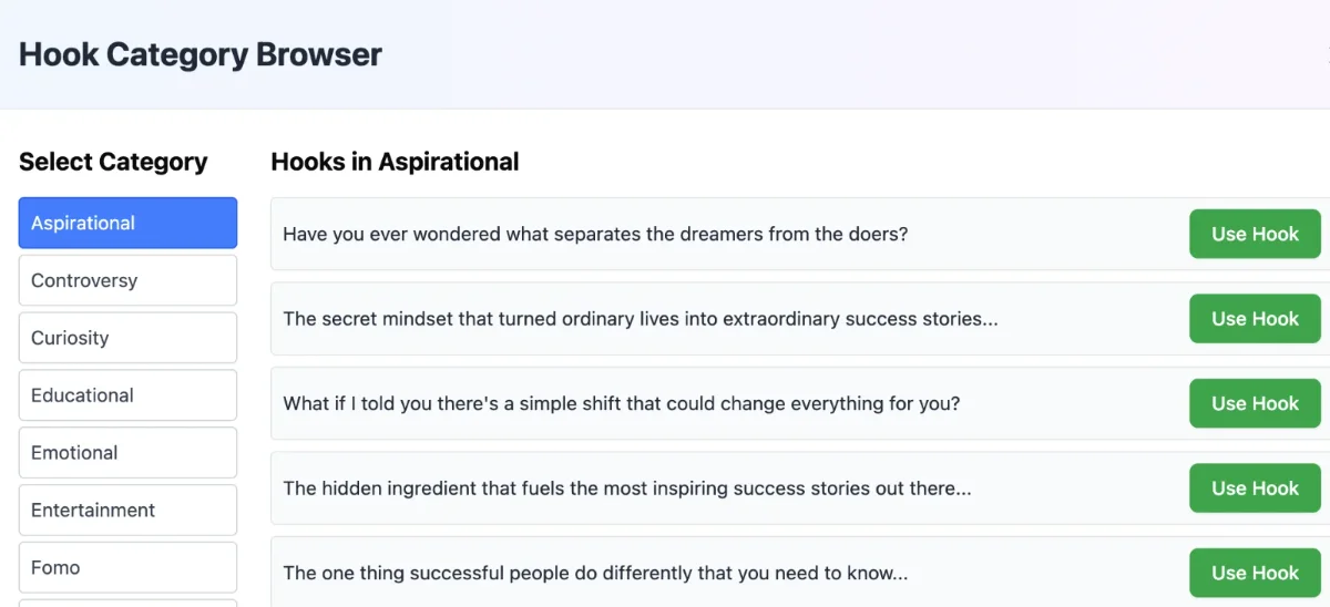 Hook category browser for YouTube titles